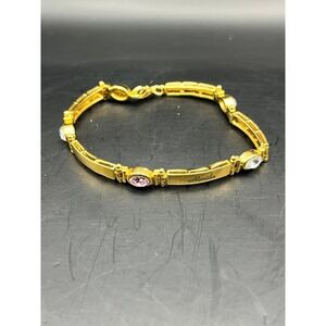 Merida Gold Tone‎ Bracelet with Pink & Clear Rhinestones Fashion Jewelry 7"